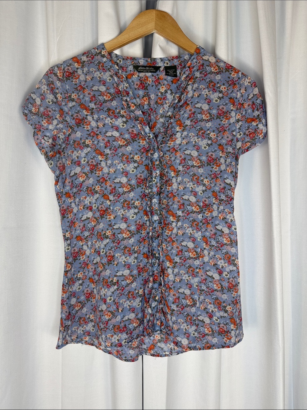 Eddie Bauer Blue Floral Ruffle-Front Blouse